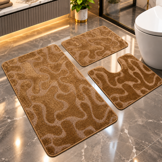 Covoras Baie Set 3 Piese, ®OPTIMDEKO, Antiderapant, Absorbant, 80x50 cm, 50x40 cm, 40x60 cm, Moale si Confortabil, Maro Mono
