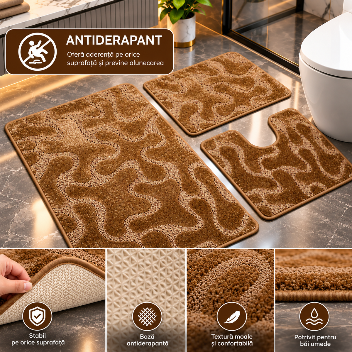 Covoras Baie Set 3 Piese, ®OPTIMDEKO, Antiderapant, Absorbant, 80x50 cm, 50x40 cm, 40x60 cm, Moale si Confortabil, Maro Mono