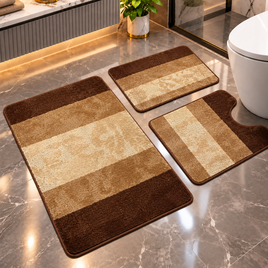 Covoras Baie Set 3 Piese, ®OPTIMDEKO, Antiderapant, Absorbant, 100x60 cm, 60x50 cm, 40x60 cm, Moale si Confortabil, Maro