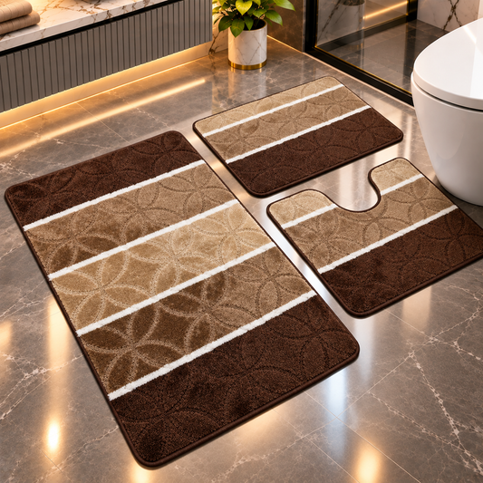 Covoras Baie Set 3 Piese, ®OPTIMDEKO, Antiderapant, Absorbant, 100x60 cm, 60x50 cm, 40x60 cm, Moale si Confortabil, Maro Multi