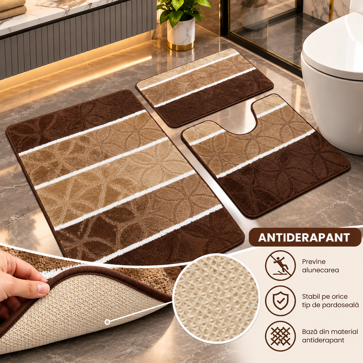Covoras Baie Set 3 Piese, ®OPTIMDEKO, Antiderapant, Absorbant, 100x60 cm, 60x50 cm, 40x60 cm, Moale si Confortabil, Maro Multi