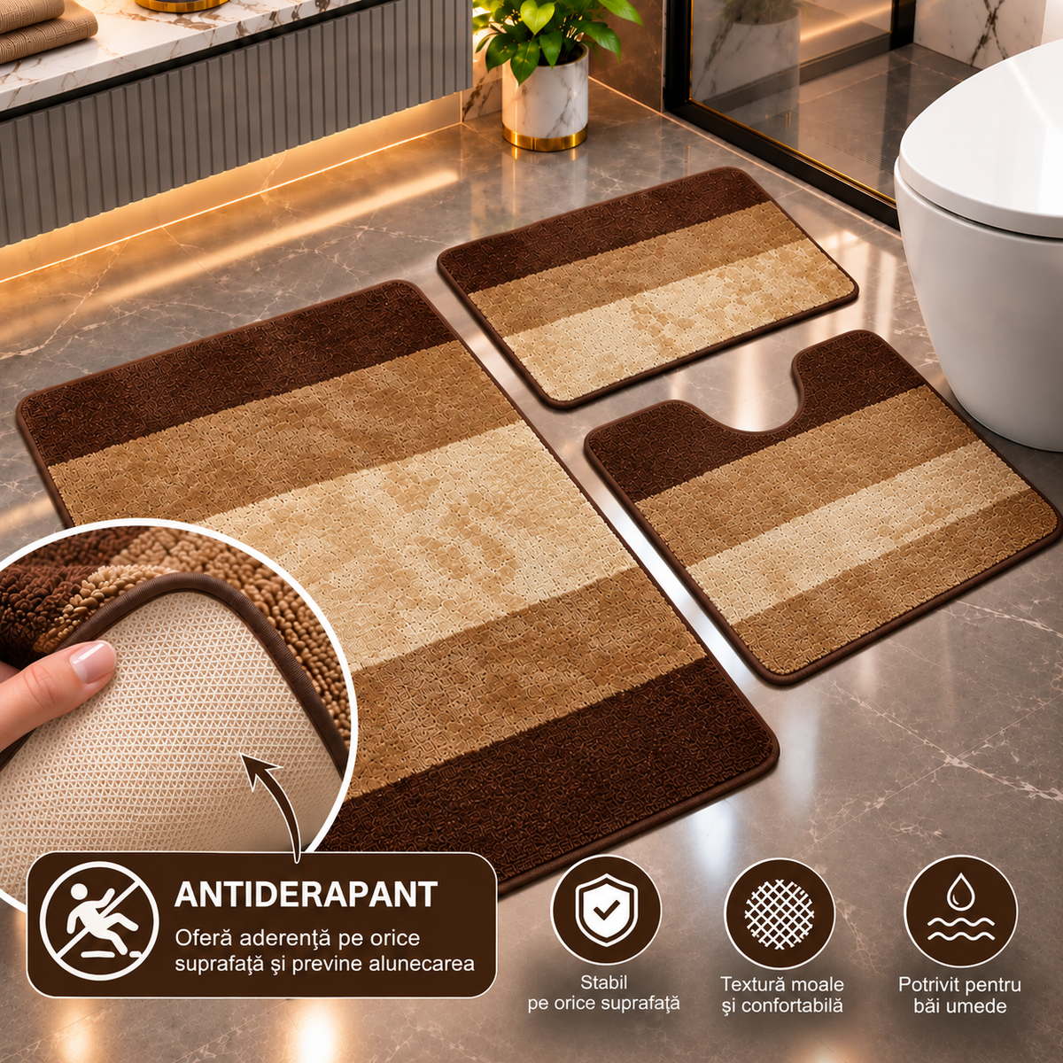 Covoras Baie Set 3 Piese, ®OPTIMDEKO, Antiderapant, Absorbant, 100x60 cm, 60x50 cm, 40x60 cm, Moale si Confortabil, Maro