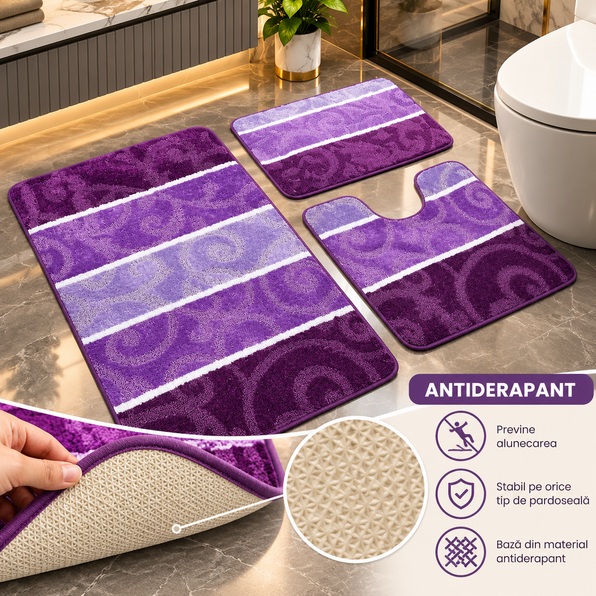 Covoras Baie Set 3 Piese, ®OPTIMDEKO, Antiderapant, Absorbant, 100x60 cm, 60x50 cm, 40x60 cm, Moale si Confortabil, Mov Multi