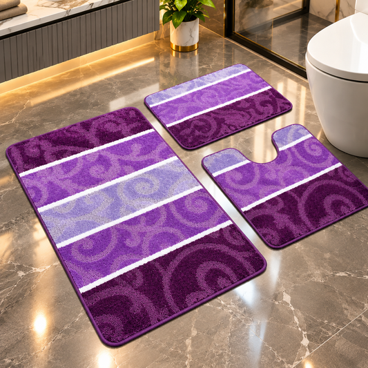 Covoras Baie Set 3 Piese, ®OPTIMDEKO, Antiderapant, Absorbant, 100x60 cm, 60x50 cm, 40x60 cm, Moale si Confortabil, Mov Multi