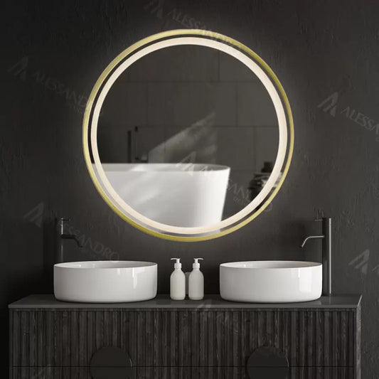 Oglinda LED Rotunda Anitta, din Colectia Marcello Funghi, cu Functie Dezaburire si Sistem Touch, Auriu Gold E04 70x70cm