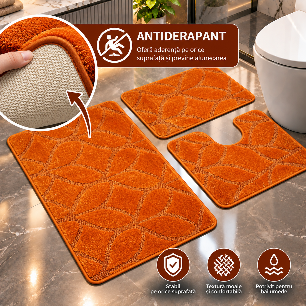 Covoras Baie Set 3 Piese, ®OPTIMDEKO, Antiderapant, Absorbant, 100x60 cm, 60x50 cm, 40x60 cm, Moale si Confortabil, Portocaliu Mono