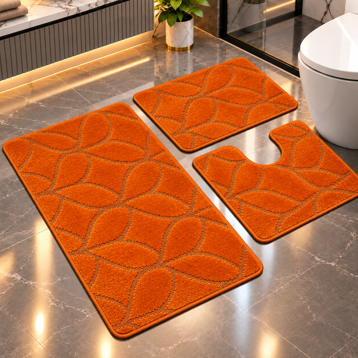Covoras Baie Set 3 Piese, ®OPTIMDEKO, Antiderapant, Absorbant, 100x60 cm, 60x50 cm, 40x60 cm, Moale si Confortabil, Portocaliu Mono