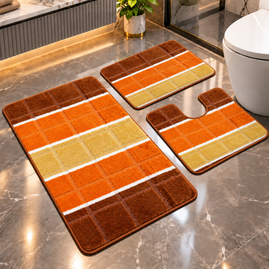 Covoras Baie Set 3 Piese, ®OPTIMDEKO, Antiderapant, Absorbant, 100x60 cm, 60x50 cm, 40x60 cm, Moale si Confortabil, Portocaliu Multi