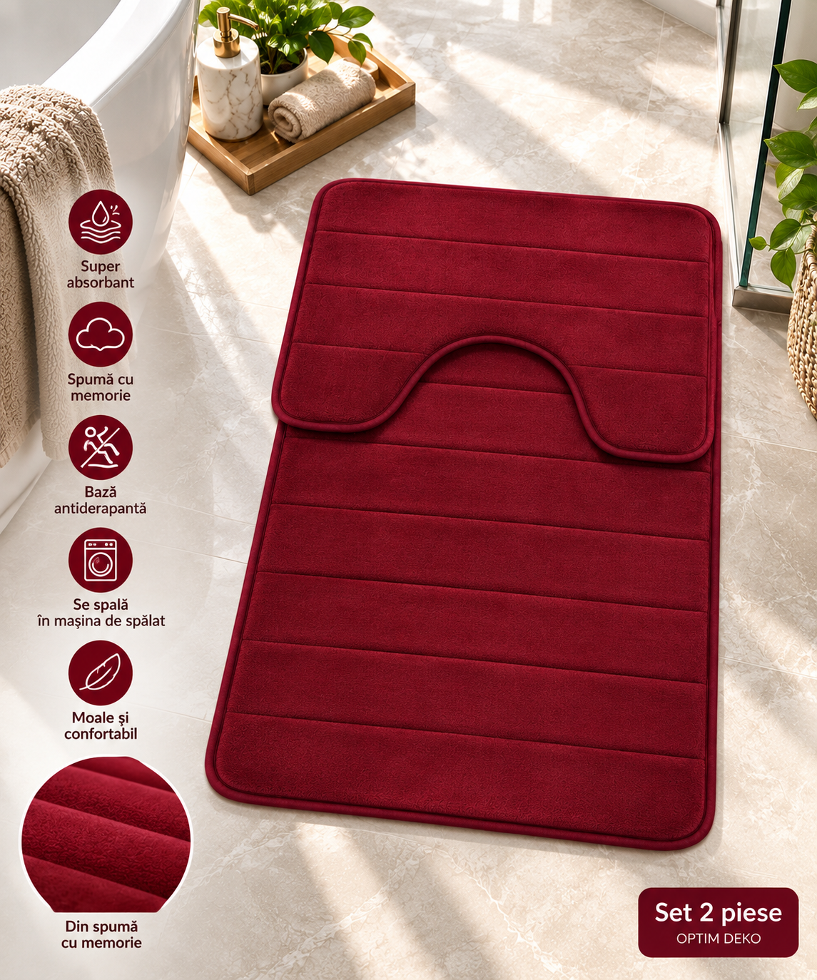 Covorase de Baie ®OPTIMDEKO, Spuma cu Memorie, 80x50 cm + 50x40 cm, Suprafata Moale si Absorbanta, Antiderapante, Lavabile, pentru Baie si WC, Visiniu