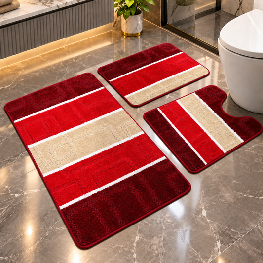 Covoras Baie Set 3 Piese, ®OPTIMDEKO, Antiderapant, Absorbant, 100x60 cm, 60x50 cm, 40x60 cm, Moale si Confortabil, Rosu Multi