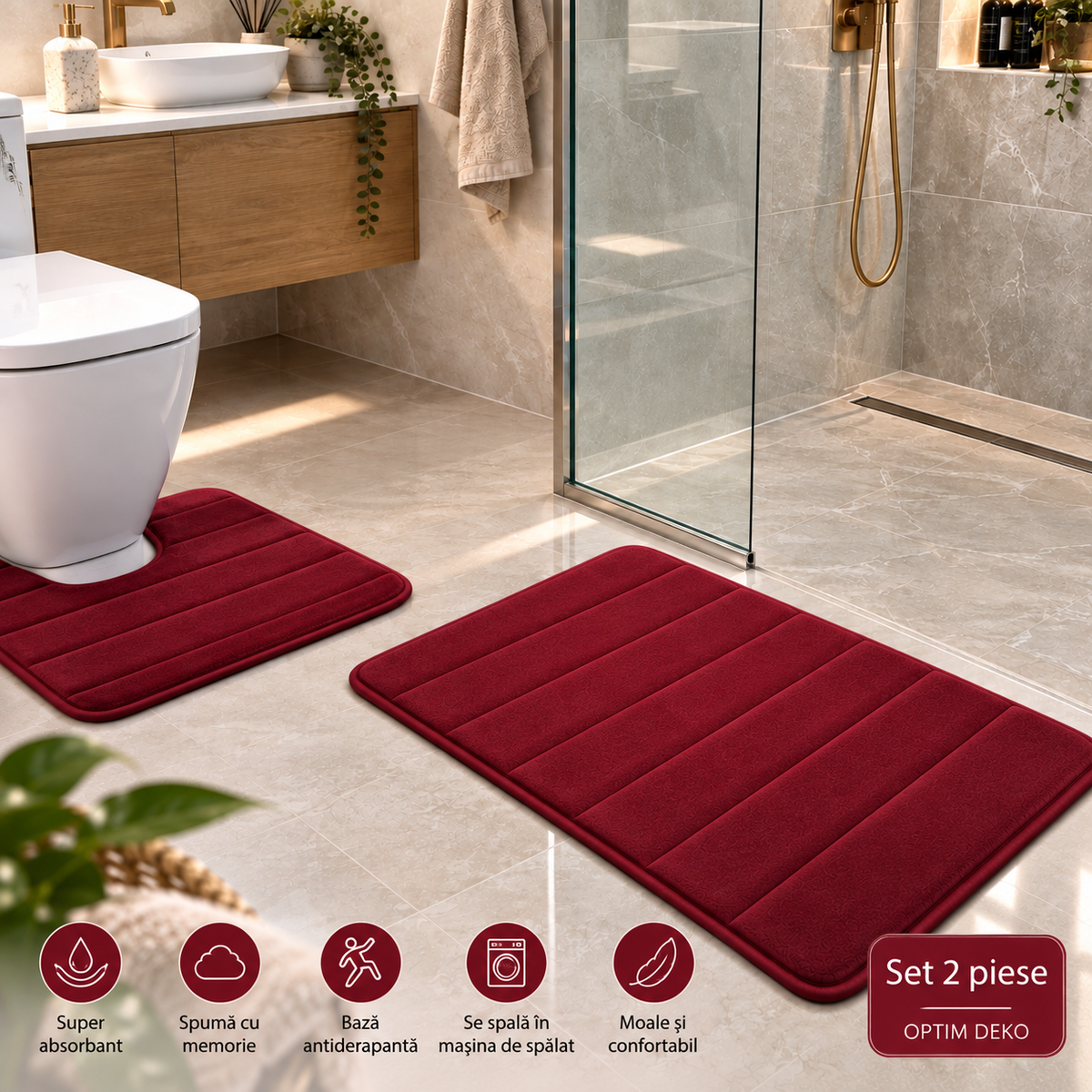 Covorase de Baie ®OPTIMDEKO, Spuma cu Memorie, 80x50 cm + 50x40 cm, Suprafata Moale si Absorbanta, Antiderapante, Lavabile, pentru Baie si WC, Visiniu