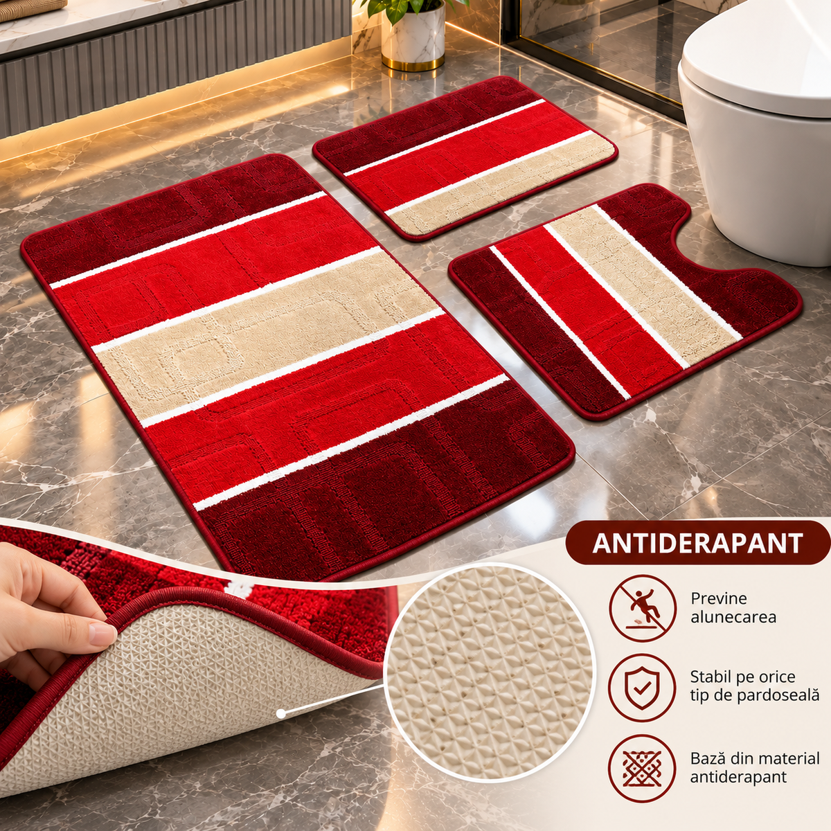 Covoras Baie Set 3 Piese, ®OPTIMDEKO, Antiderapant, Absorbant, 100x60 cm, 60x50 cm, 40x60 cm, Moale si Confortabil, Rosu Multi