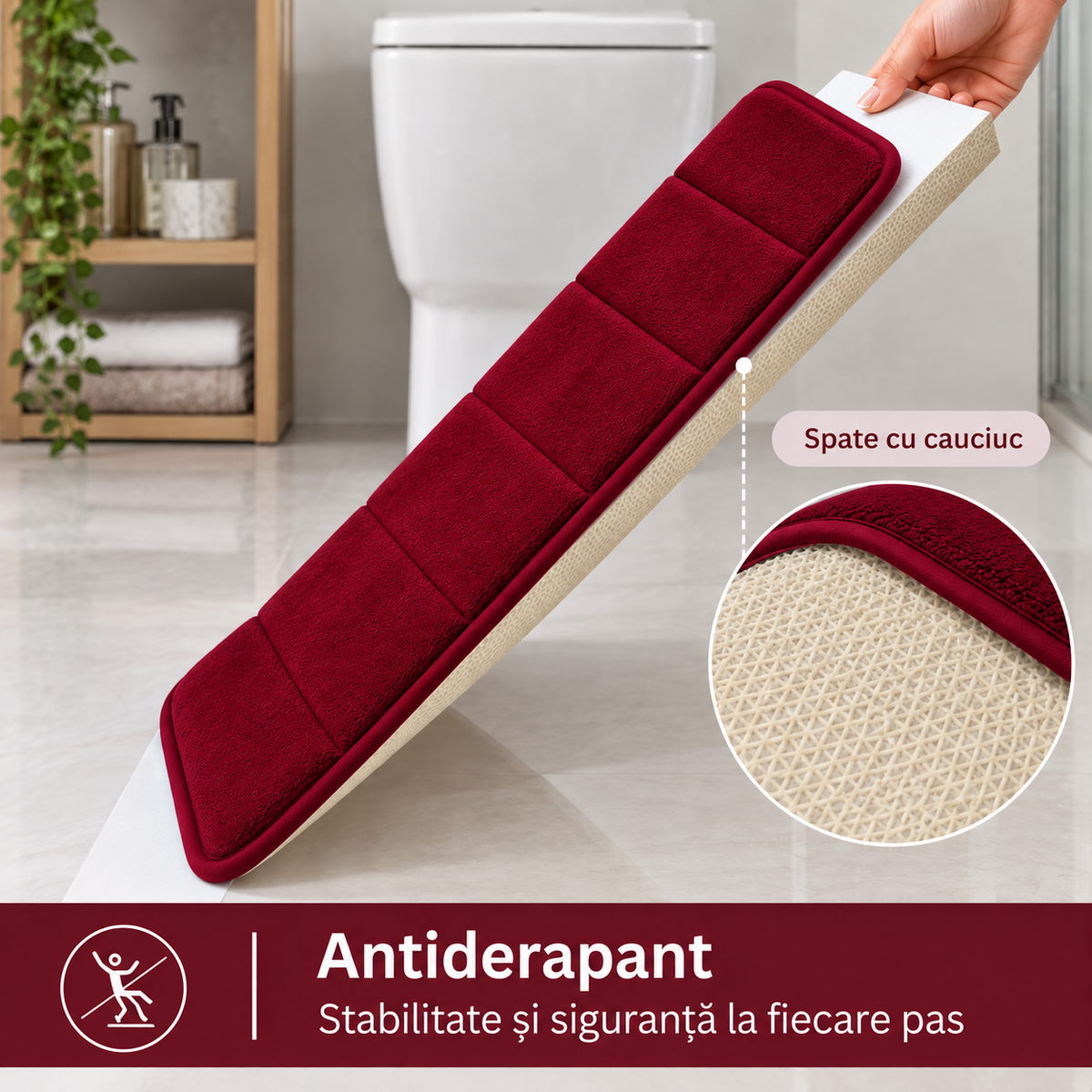 Covorase de Baie ®OPTIMDEKO, Spuma cu Memorie, 80x50 cm + 50x40 cm, Suprafata Moale si Absorbanta, Antiderapante, Lavabile, pentru Baie si WC, Visiniu