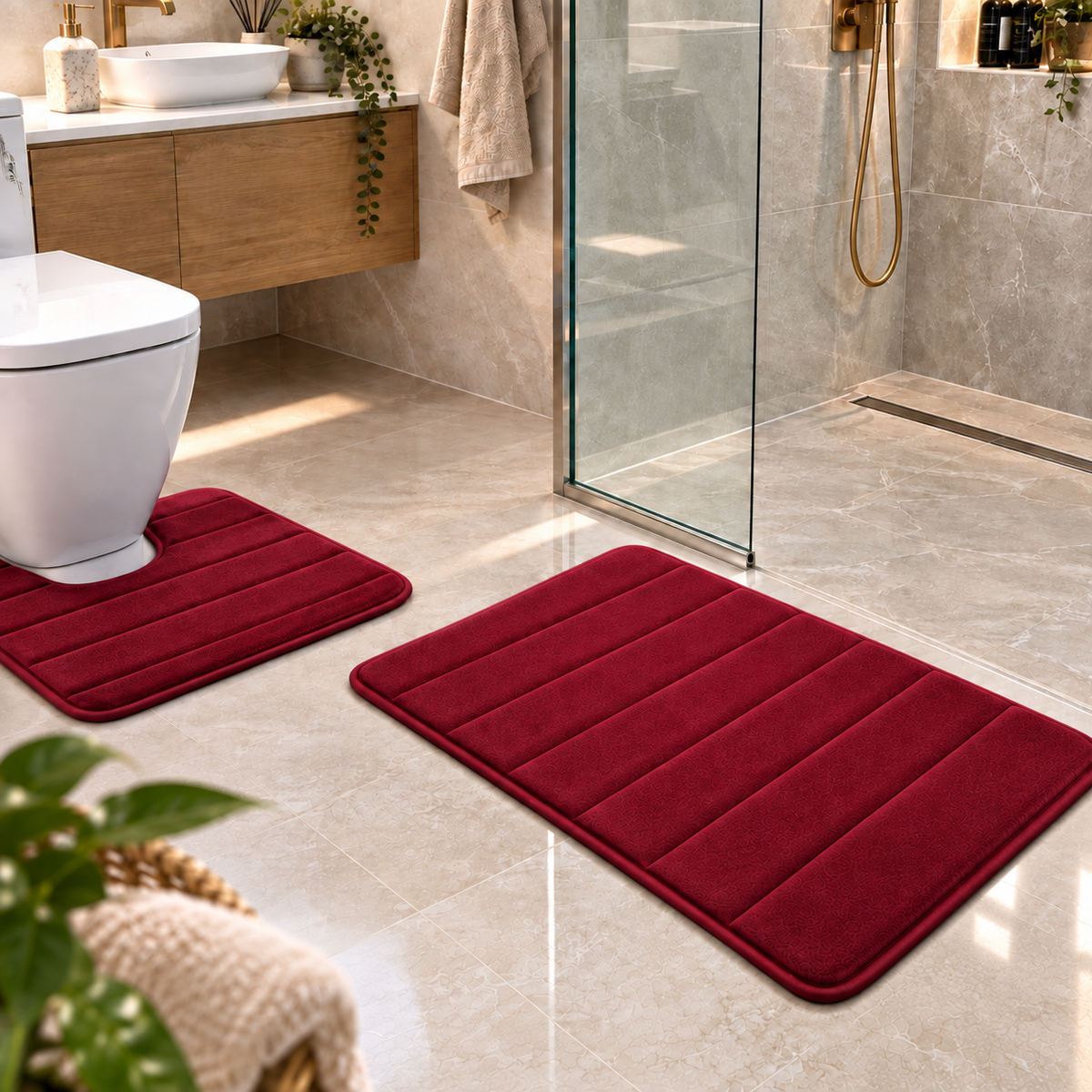 Covorase de Baie ®OPTIMDEKO, Spuma cu Memorie, 80x50 cm + 50x40 cm, Suprafata Moale si Absorbanta, Antiderapante, Lavabile, pentru Baie si WC, Visiniu