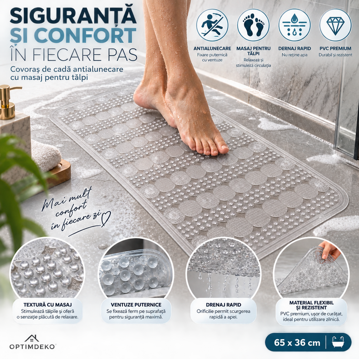 Covoras Antiderapant pentru Cada si Dus OptimDeko®, Transparent, PVC Premium, Ventuze Puternice, Textura cu Masaj pentru Talpi, Drenaj Rapid, Flexibil si Usor de Curatat, 65 x 36 cm, Transparent