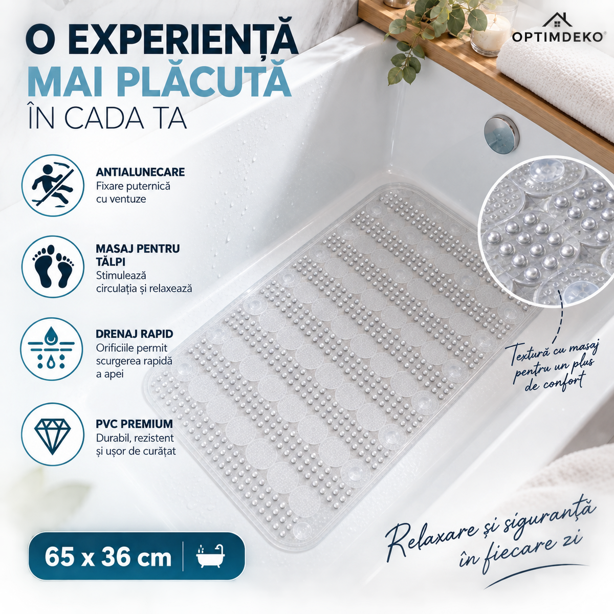 Covoras Antiderapant pentru Cada si Dus OptimDeko®, Transparent, PVC Premium, Ventuze Puternice, Textura cu Masaj pentru Talpi, Drenaj Rapid, Flexibil si Usor de Curatat, 65 x 36 cm, Transparent