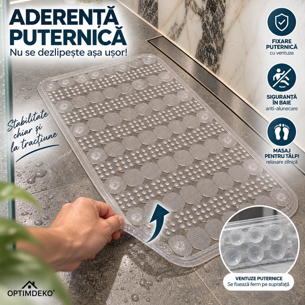Covoras Antiderapant pentru Cada si Dus OptimDeko®, Transparent, PVC Premium, Ventuze Puternice, Textura cu Masaj pentru Talpi, Drenaj Rapid, Flexibil si Usor de Curatat, 65 x 36 cm, Transparent