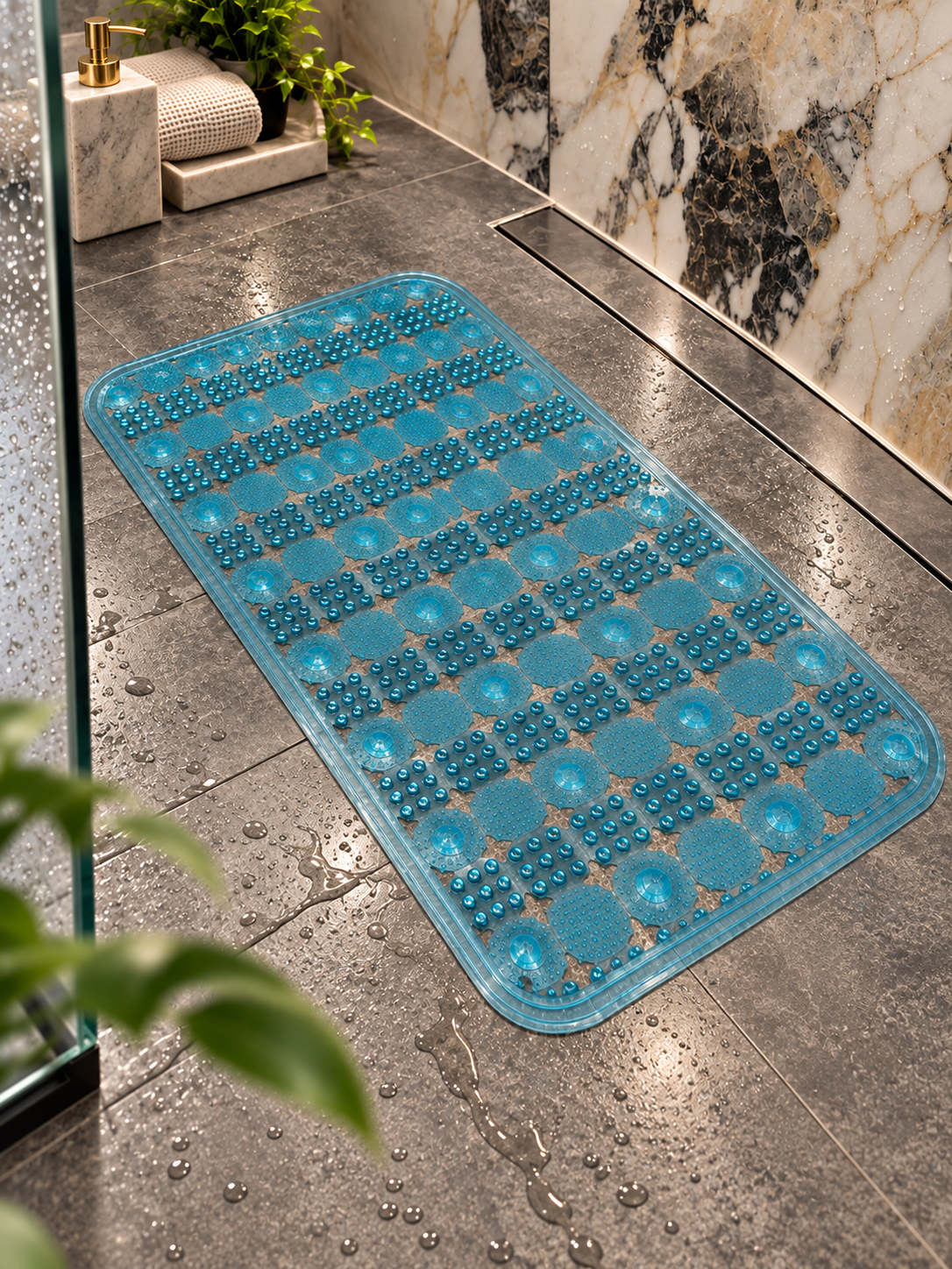 Covoras Antiderapant pentru Cada si Dus OptimDeko®, Transparent, PVC Premium, Ventuze Puternice, Textura cu Masaj pentru Talpi, Drenaj Rapid, Flexibil si Usor de Curatat, 65 x 36 cm, Turcoaz