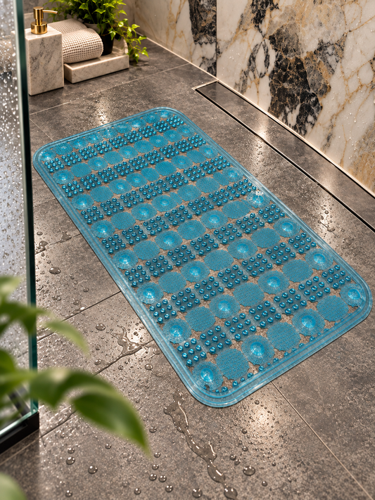 Covoras Antiderapant pentru Cada si Dus OptimDeko®, Transparent, PVC Premium, Ventuze Puternice, Textura cu Masaj pentru Talpi, Drenaj Rapid, Flexibil si Usor de Curatat, 65 x 36 cm, Turcoaz
