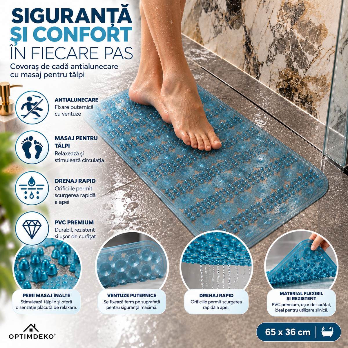Covoras Antiderapant pentru Cada si Dus OptimDeko®, Transparent, PVC Premium, Ventuze Puternice, Textura cu Masaj pentru Talpi, Drenaj Rapid, Flexibil si Usor de Curatat, 65 x 36 cm, Turcoaz
