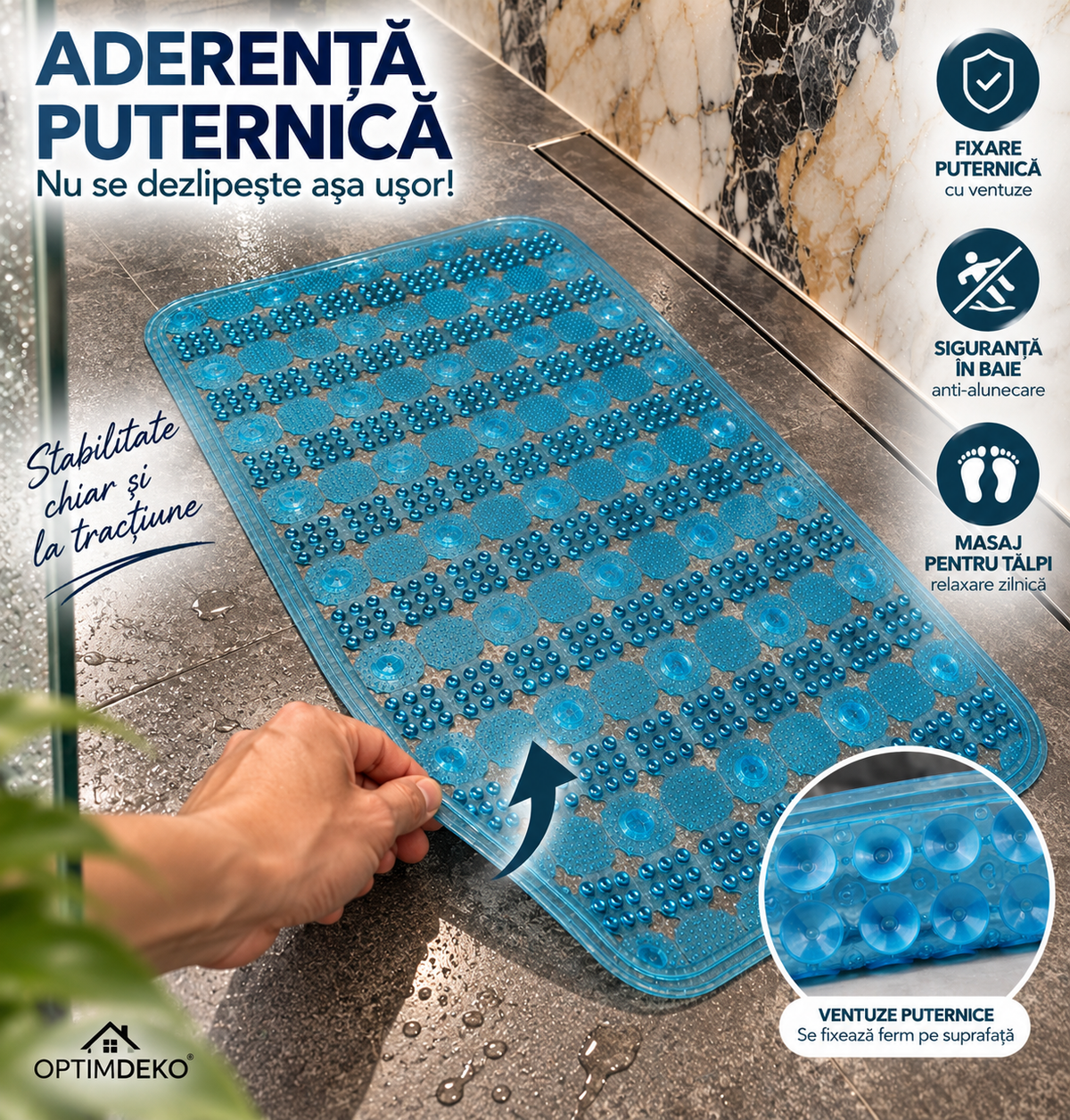 Covoras Antiderapant pentru Cada si Dus OptimDeko®, Transparent, PVC Premium, Ventuze Puternice, Textura cu Masaj pentru Talpi, Drenaj Rapid, Flexibil si Usor de Curatat, 65 x 36 cm, Turcoaz