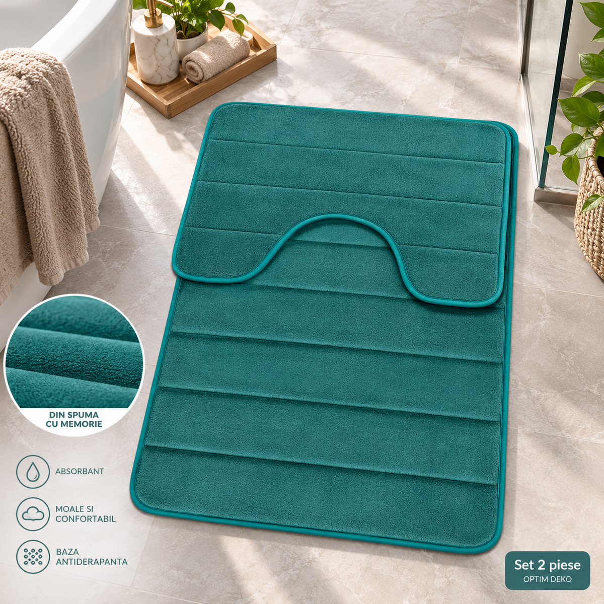 Covorase de Baie ®OPTIMDEKO, Spuma cu Memorie, 80x50 cm + 50x40 cm, Suprafata Moale si Absorbanta, Antiderapante, Lavabile, pentru Baie si WC, Verde