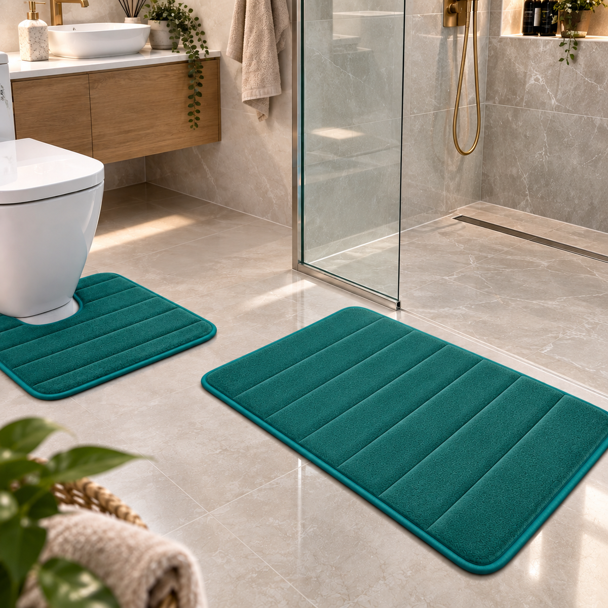 Covorase de Baie ®OPTIMDEKO, Spuma cu Memorie, 80x50 cm + 50x40 cm, Suprafata Moale si Absorbanta, Antiderapante, Lavabile, pentru Baie si WC, Verde