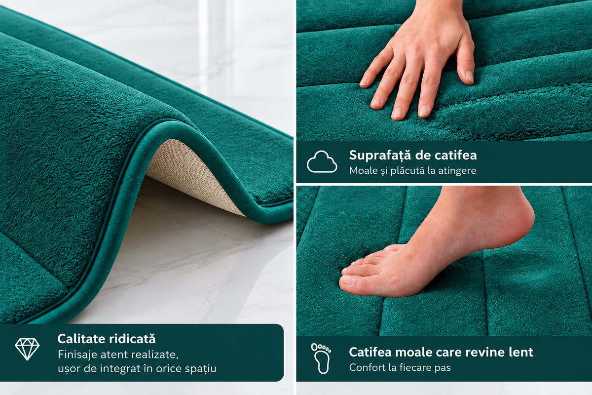 Covorase de Baie ®OPTIMDEKO, Spuma cu Memorie, 80x50 cm + 50x40 cm, Suprafata Moale si Absorbanta, Antiderapante, Lavabile, pentru Baie si WC, Verde